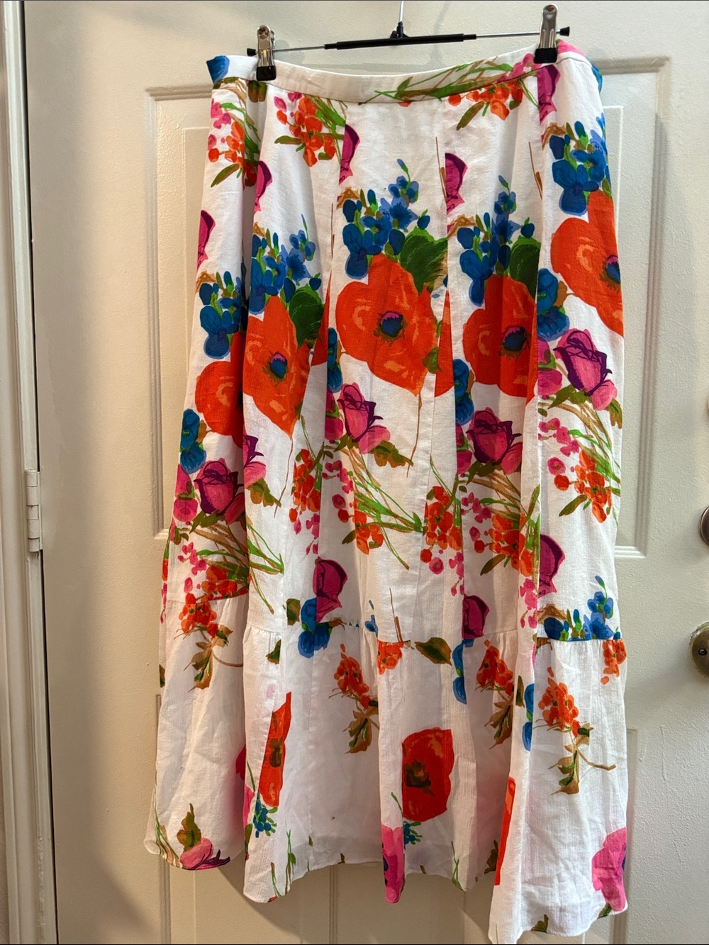 Coldwater Creek White Midi Skirt with Bold Orange, Pink and Blue Floral Print 2X